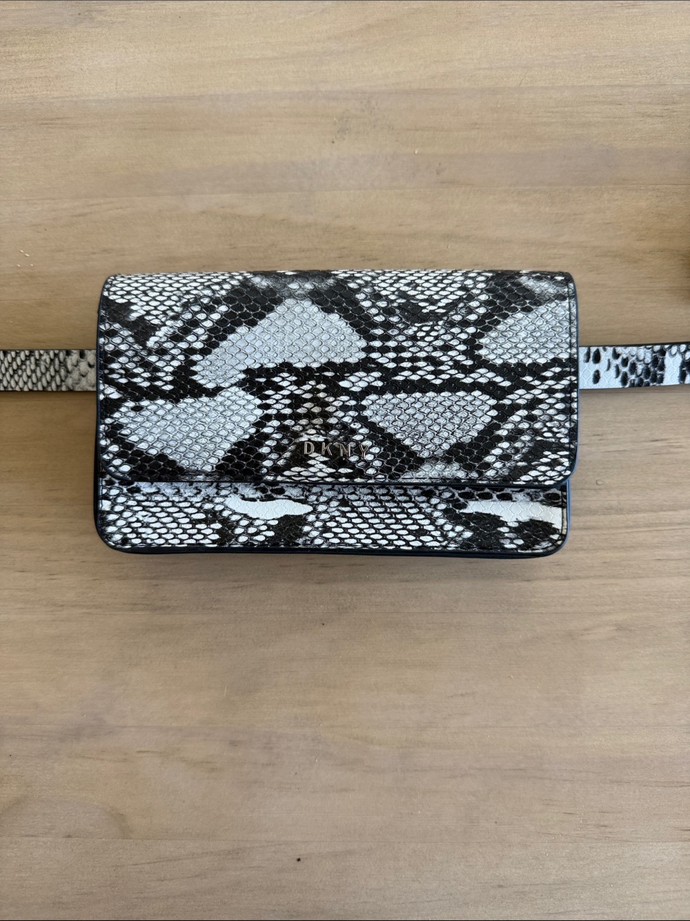 DKNY black and white vegan snake skin belt bag